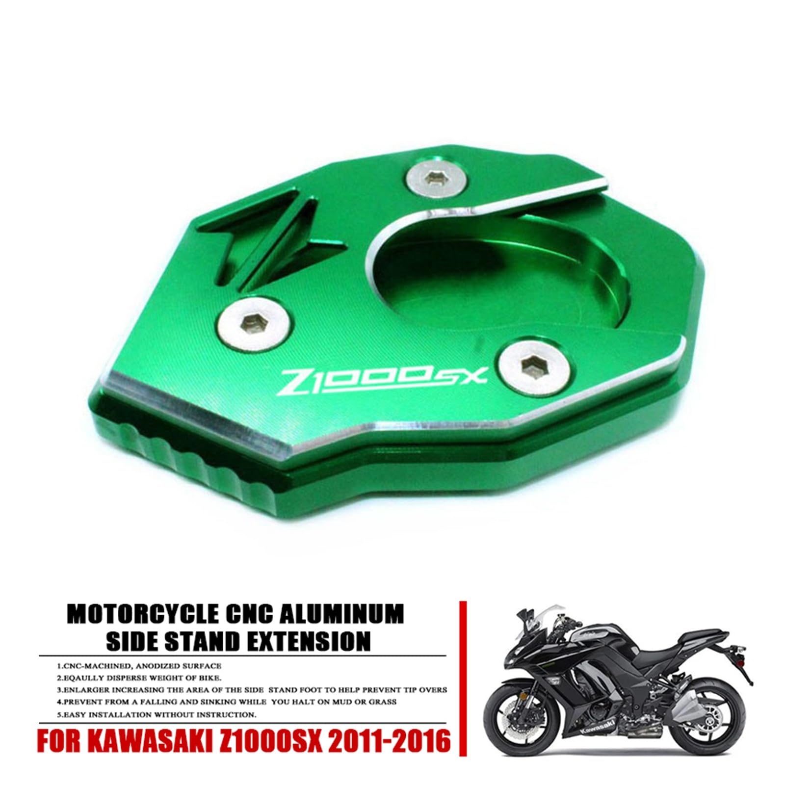 Motorfiets-standaardverlenging geschikt voor Kawasaki Z1000 Z 1000 2010-2018 Z1000SX Z 1000SX 2011-2016 motorfiets CNC Kickstand zijstandaard verlenging Gluming Pad Plaat Motorstandaard (Z1000SX