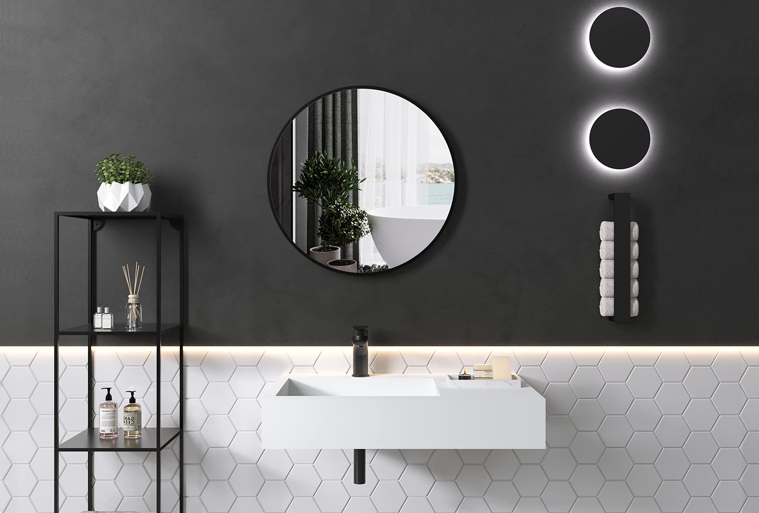 Lavabo sospeso con spazio accessori TWG31 - in pietra solida - bianco