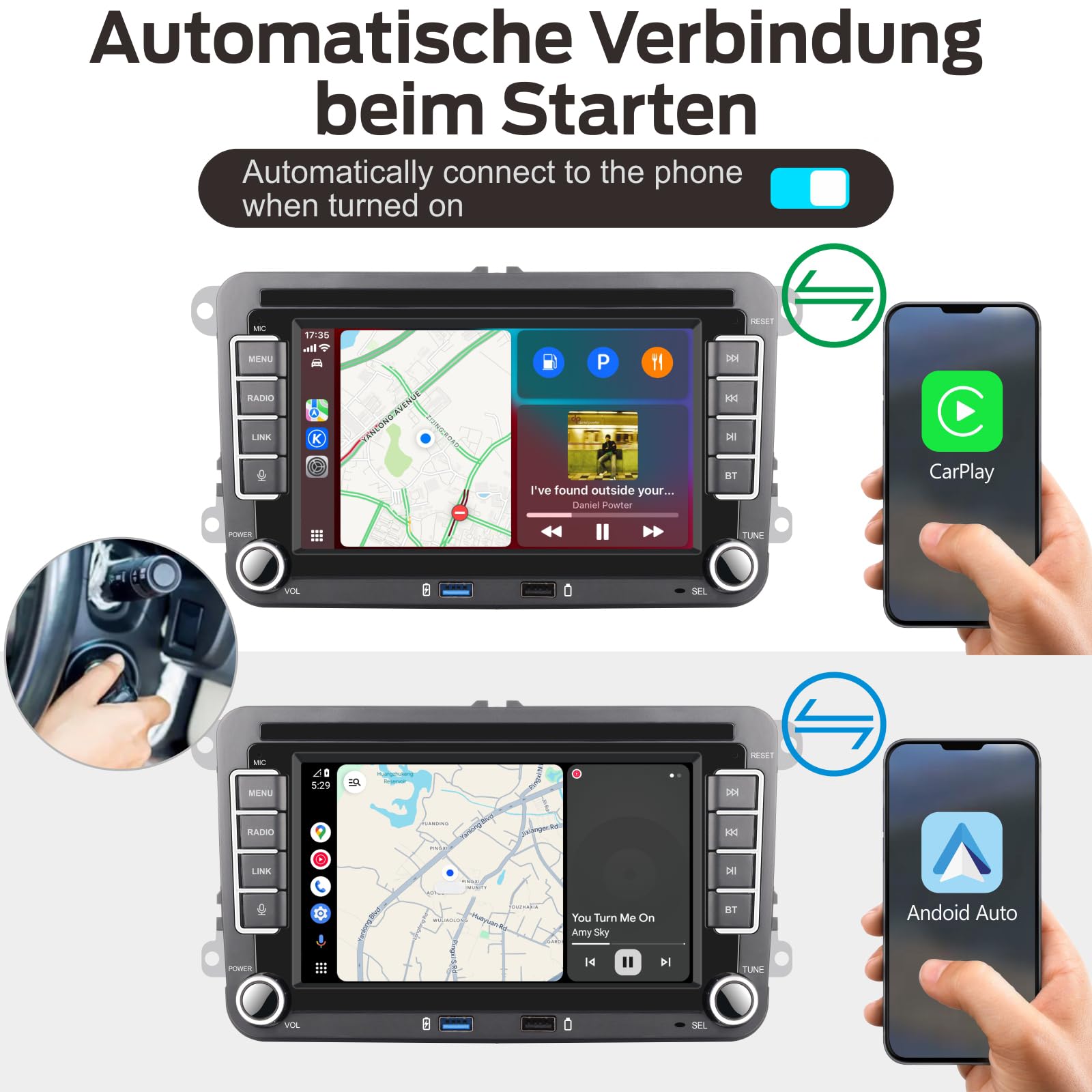 Linux Autoradio für VW Golf 5/6 Passat Jetta Caddy EOS T5 Tiguan Touran CC Polo, Plug & Play mit Originalstecker, Wireless CarPlay Android Auto, Bluetooth, RDS, FM/AM, USB