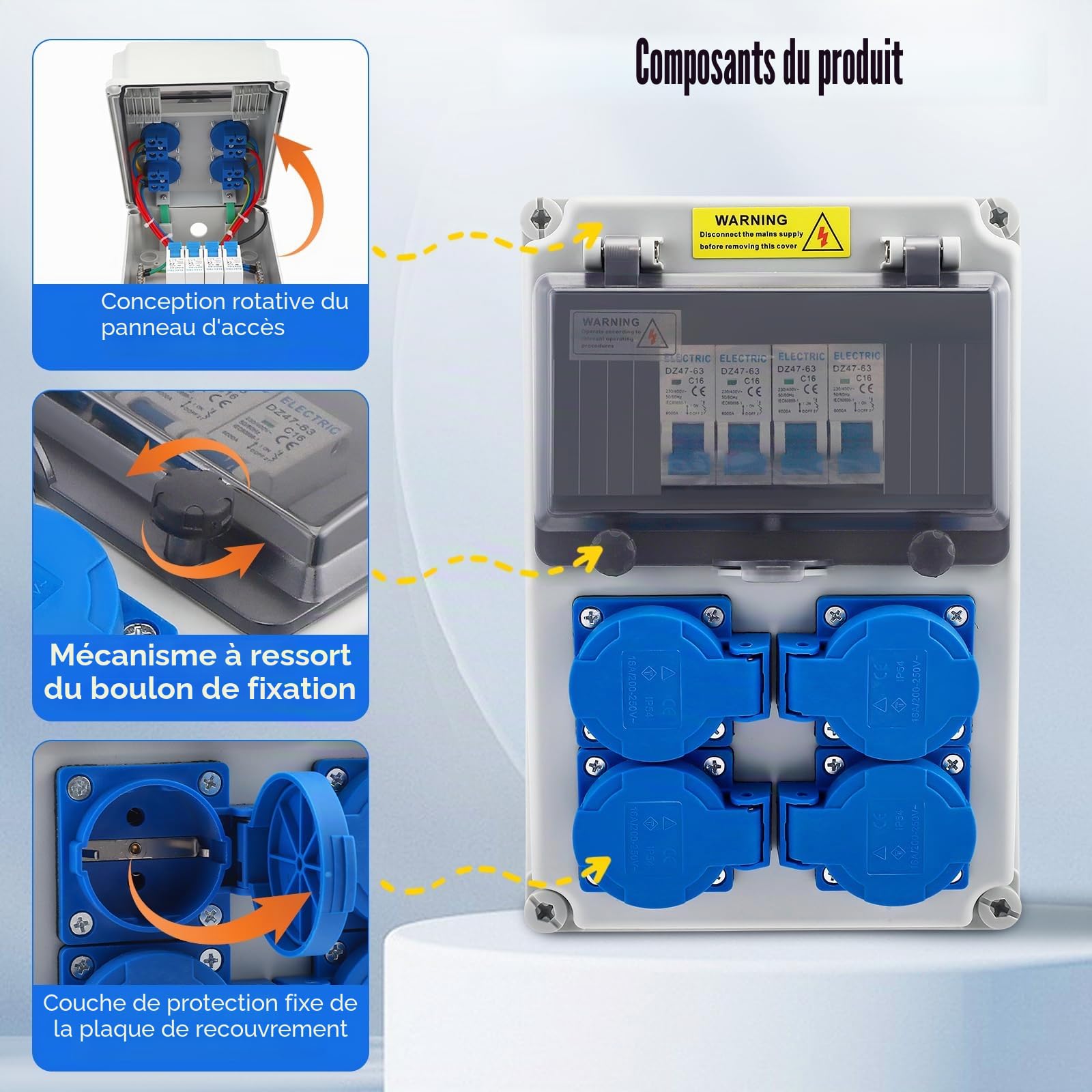 Coffret de Chantier, Tableau Électrique 16A Coffret Électrique en Saillie Avec 230V Coffret de Chantier Étanche IP67 Coffret Électrique Mural Répartiteur pour Atelier Ou Chantier Intérieur Extérieur