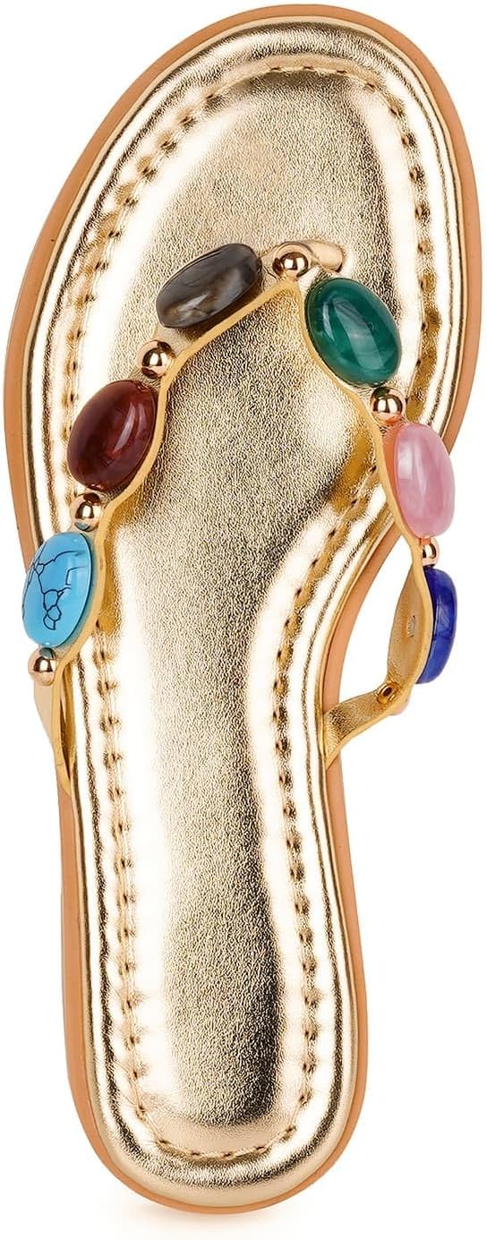Jeweled Thong Flip Flops for Women Open Round Toe Flat Sandals Summer Beach Casual Slippers