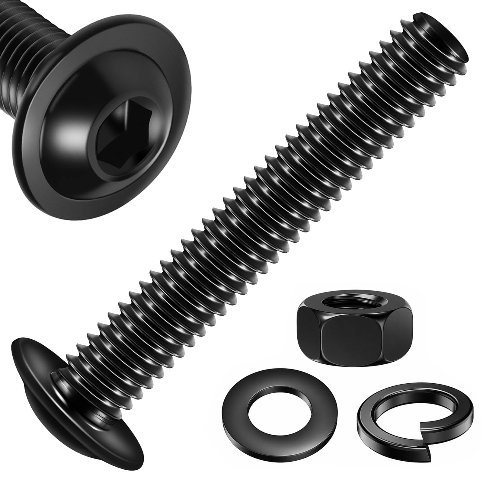 Zynthor 20Pcs M6 x 35mm Flanged Button Head Bolts with Nuts and Flat & Spring Washers, Black 10.9 Grade Alloy Steel Bolts and Nut Set for Machine Fastener