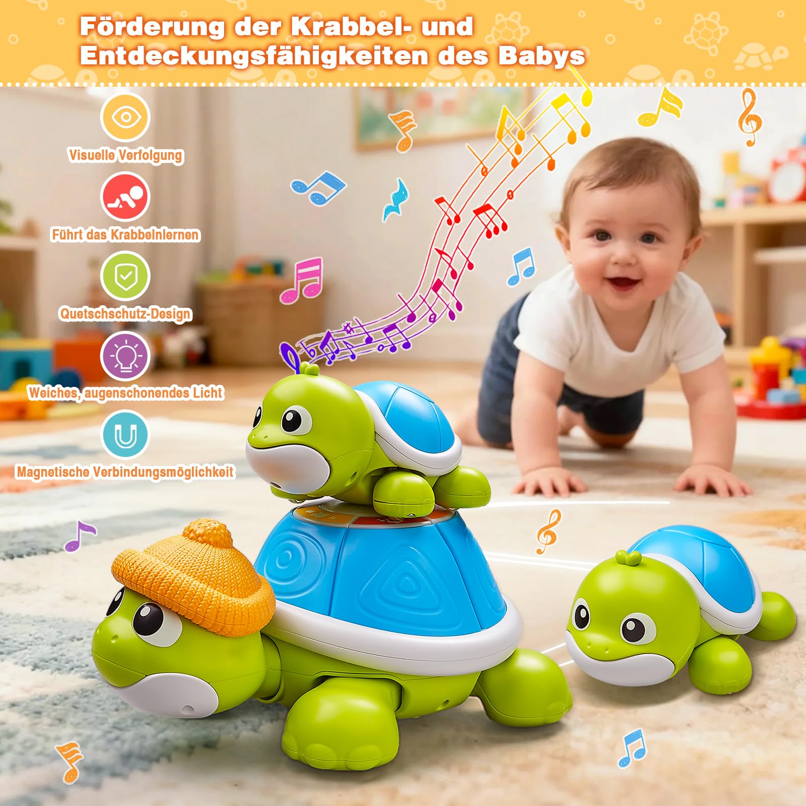HILKKET Baby Krabbel Spielzeug ab 3 6 9 Monate, 3 PCS Schildkröten Krabbelspielzeug mit Licht und Musik, Frühkindliches Lernspielzeug, Tummy Time Baby Toys, Neugeborenes Spielzeug Geschenk