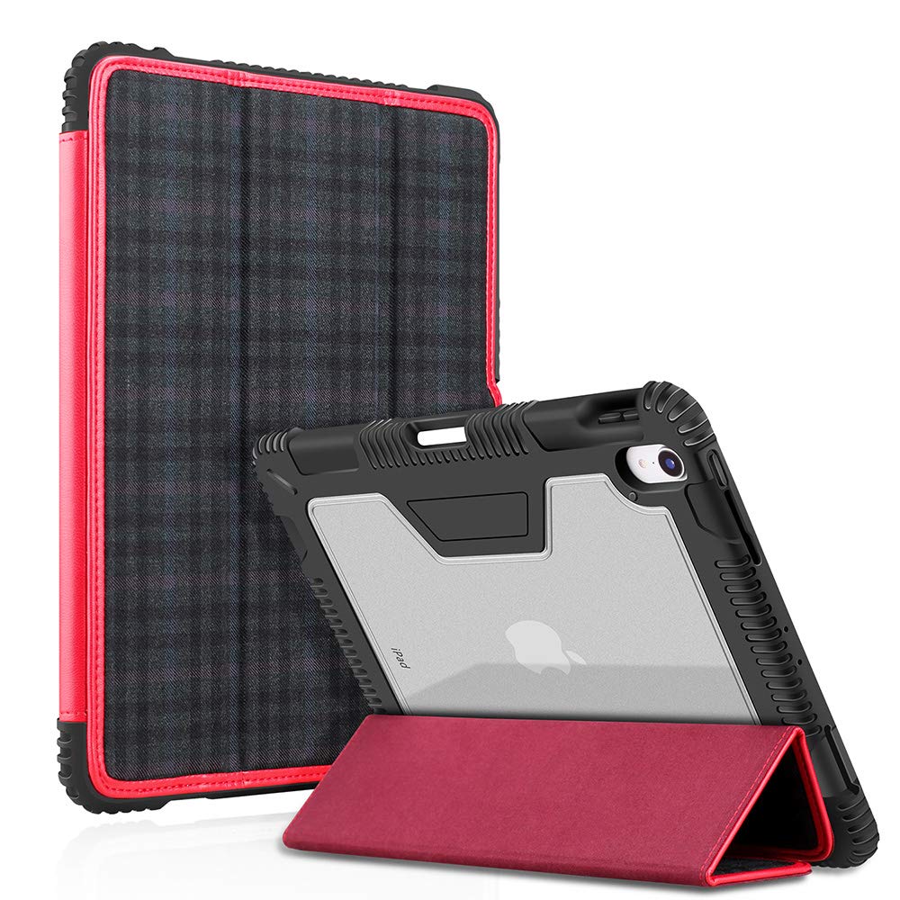 BIGPHILO [SPA Series Heavy Duty Protective Case for iPad Pro 11 inch (2018), Rugged Transparent Back Case + Trifold Fabric Front Cover, [Built-in Pencil Holder] Clear Case for iPad Pro - Plaid/Red
