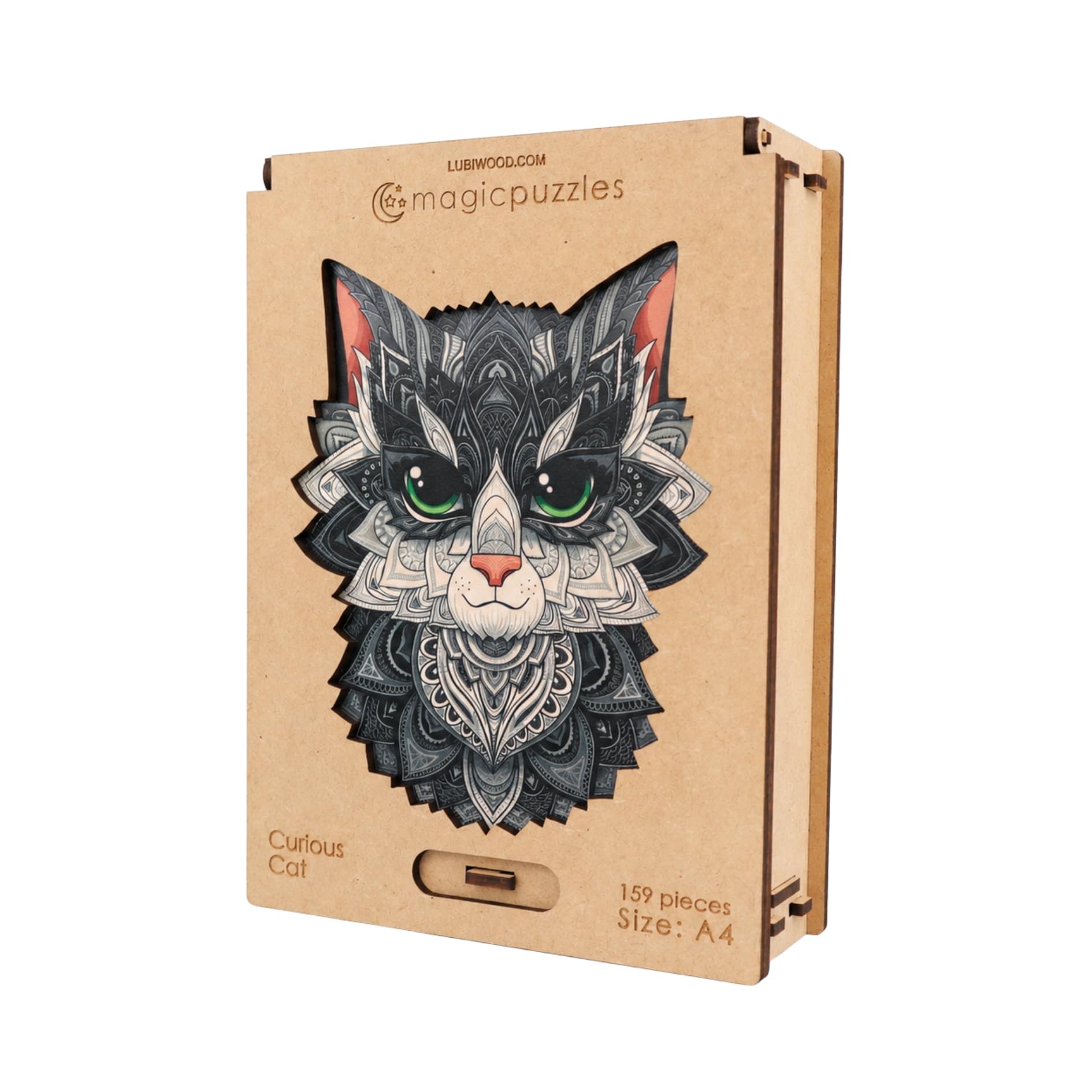 Puzzle in legno Lubiwood Gatto Curioso dalla forma unica (38x31 cm) - 308 pezzi intricati, include una confezione regalo in legno coinvolgente