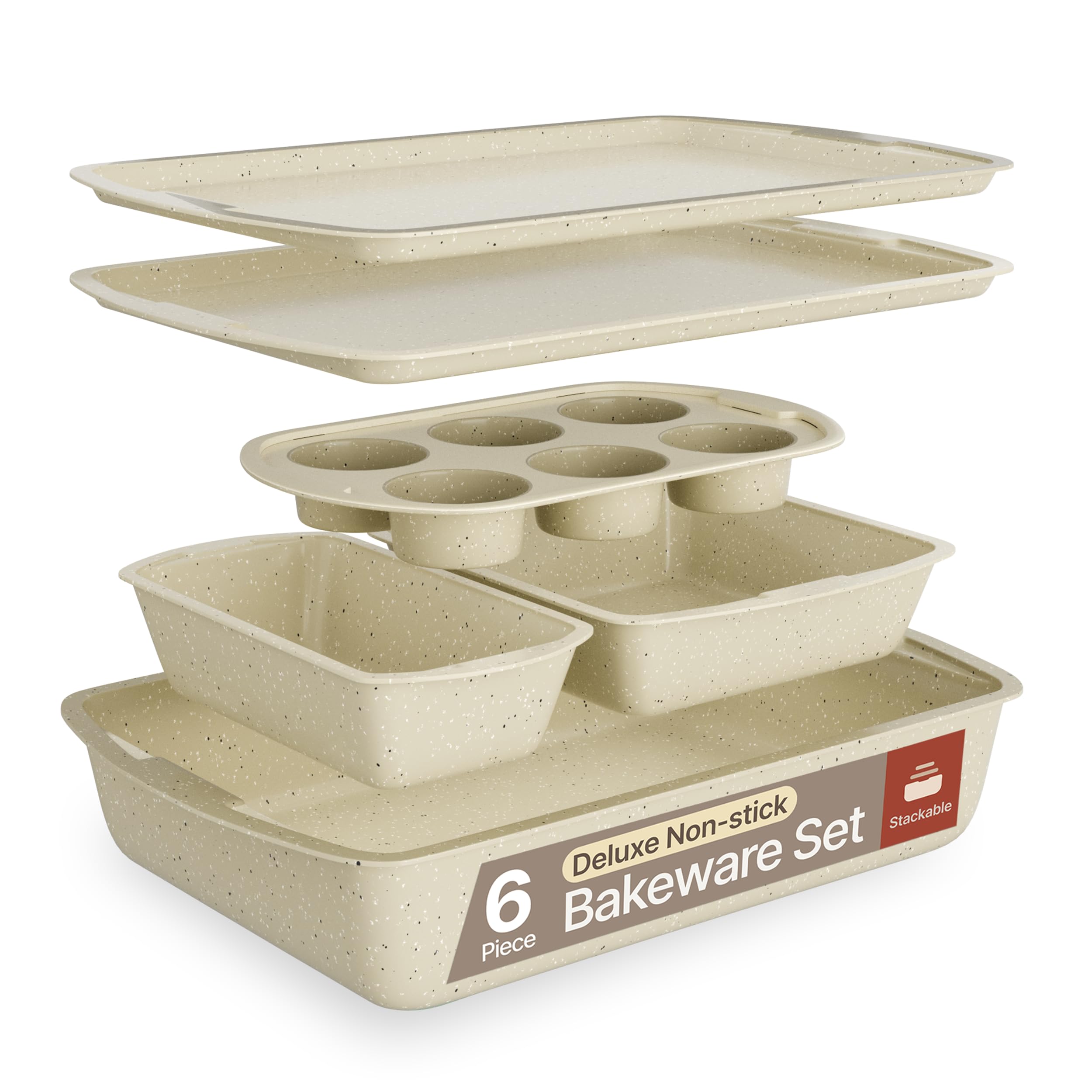 Bakeware Set – 6 Piece – Stackable, Deluxe, Non-Stick Baking Pans for Professional and Home Cooking – Carbon Steel, White Stone Coating