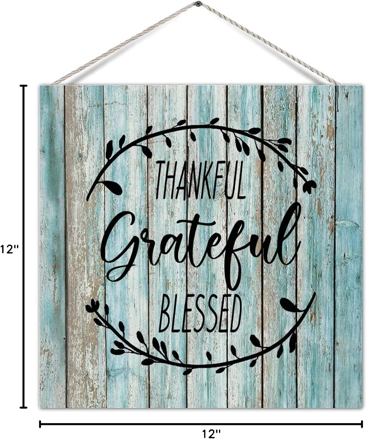 Rustic Wood Sign Plaque Thankful Grateful Blessed Motivational Quote Nostalgic Farmhouse Wooden Wall Pediment Plank Board Wall Hanging Decor for Garden Deck Home Decor 12in