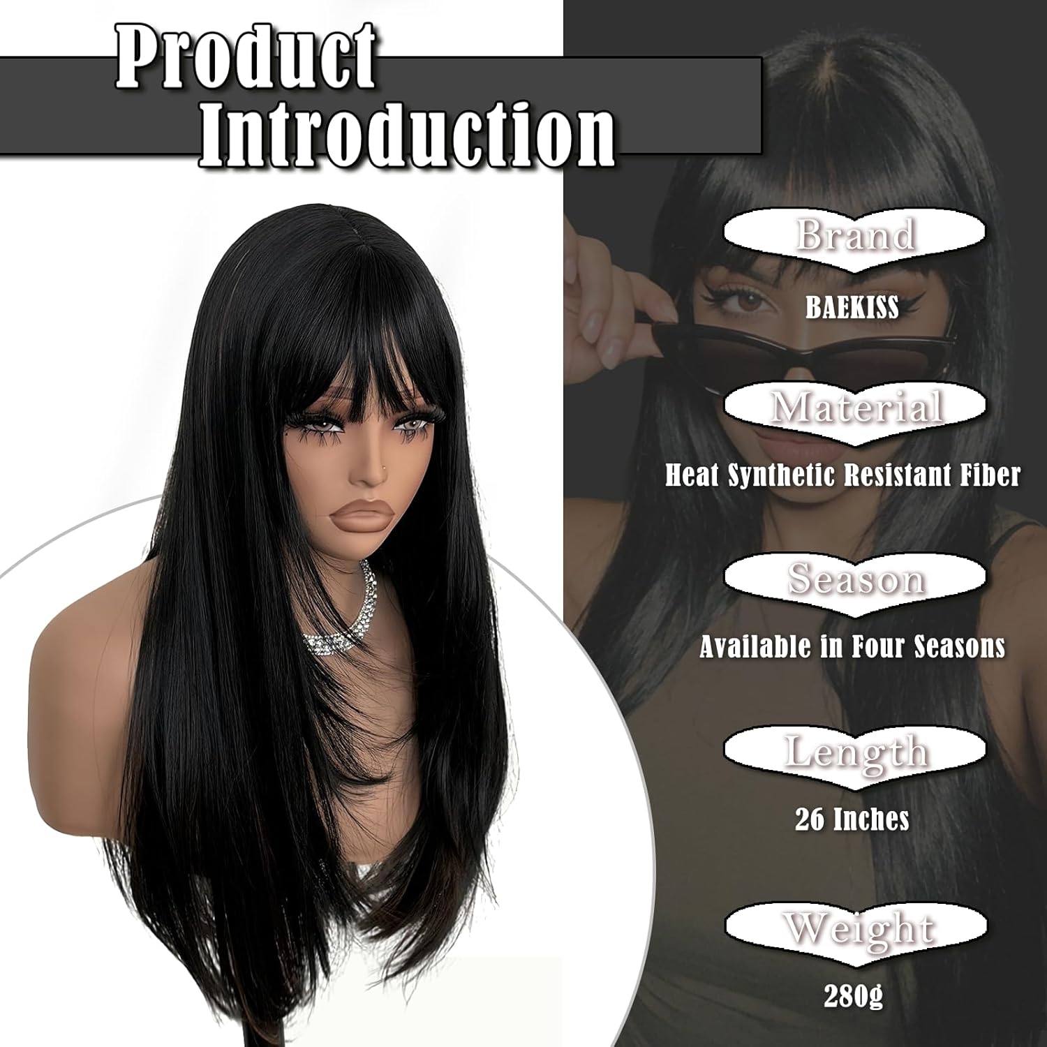 Black Wig for Women Long Straight Layered Wigs with Bangs 26 Inches black Wig with Bangs Synthetic Wigs for White Women Natural Looking Hair Replacement Wig for Girls Daily Party Use - Image 2