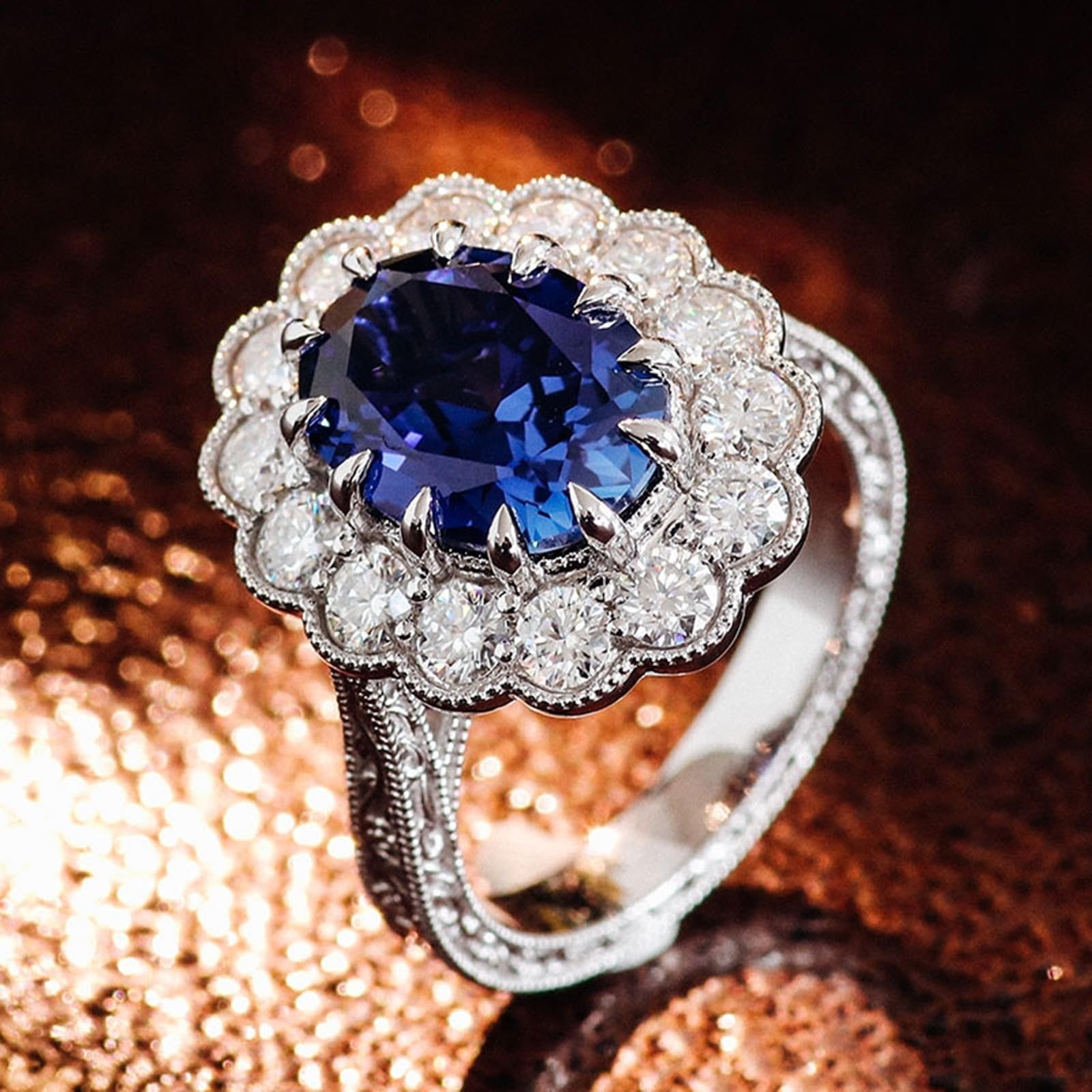 Regalo Amie Anillo de Fiancaille Oro Blanco 9 quilates zafiro creado en laboratorio flor talla lesbiana para madre Acción de Gracias Joyas