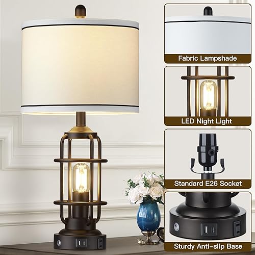Miniatura 4 de Modern Table Lamps Set of 2, Industrial 3-Way Dimmable Bedside Lamp with USB A+C Ports & AC Outlet, 25" Touch Control Nightstand Lamp LED Night