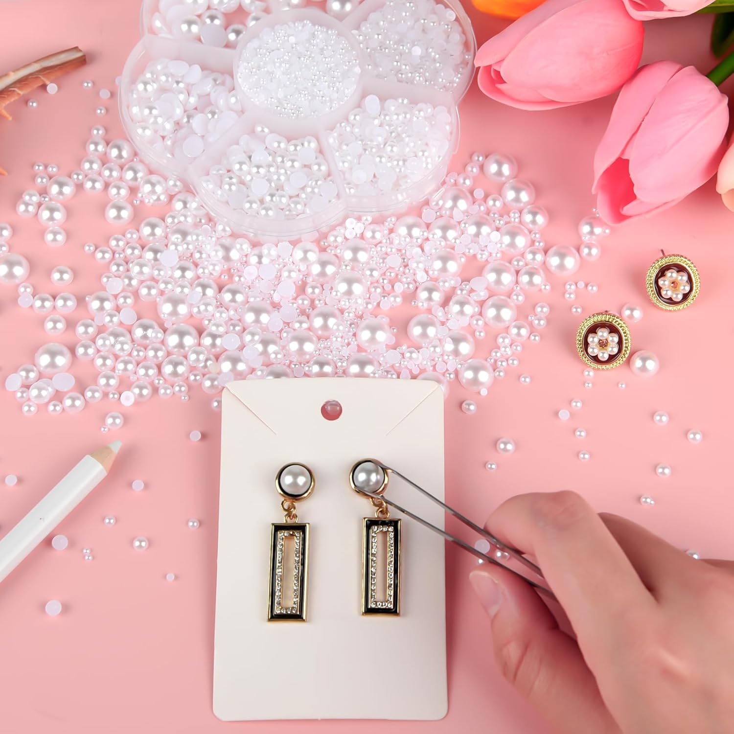 NEBURORA 6500 Pcs White Flat Back Pearl Kit 7 Sizes with Tweezer and Picker Pencil Half Round Flatback Pearls Beads for DIY Crafts Nail Art Makeup Jewelry - Image 7