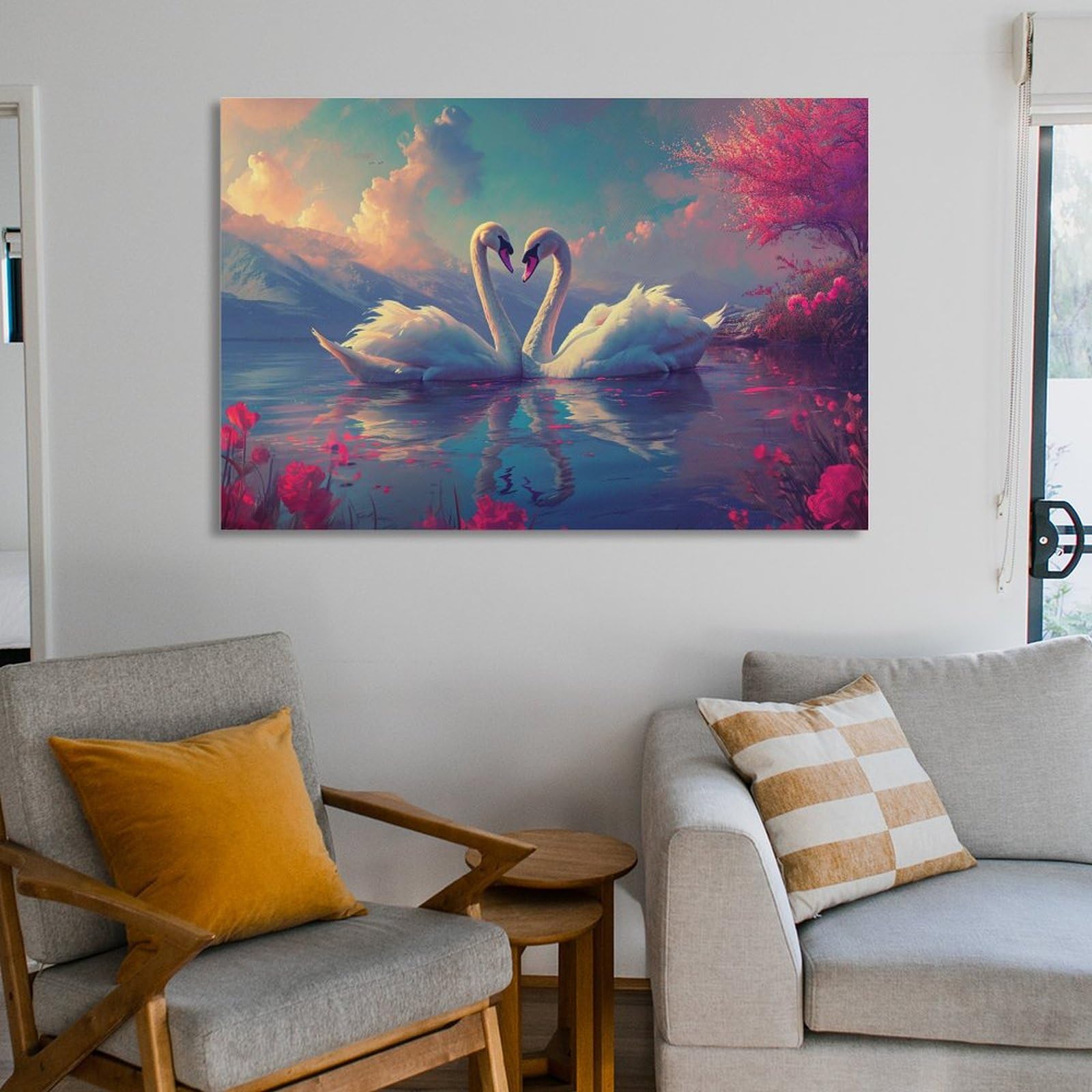 Amazon.co.jp: 絵画 ハートを形成する2羽の白鳥インテリア 絵画