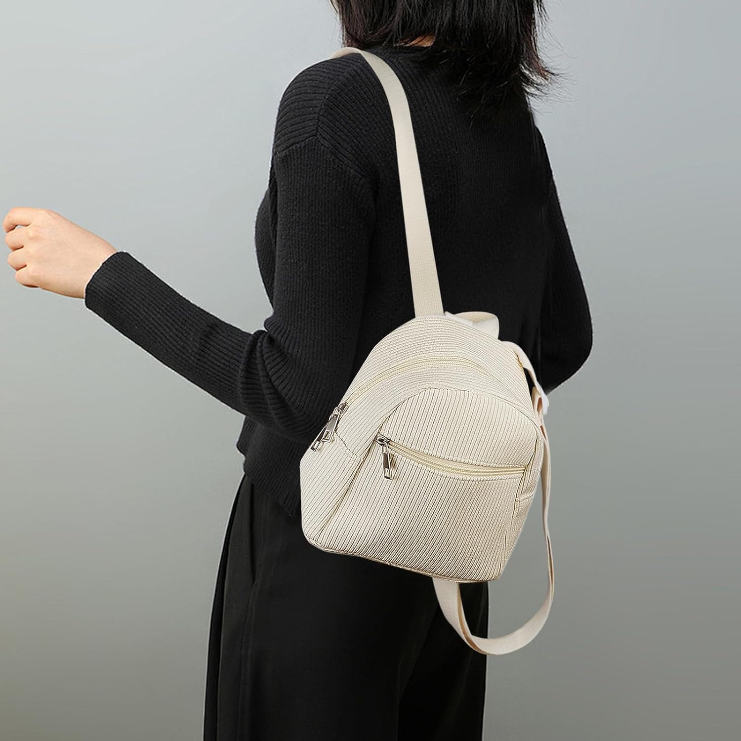 Corduroy Small Backpack, Stylish Mini Backpack Purse Small Backpacks for Women, Cute Backpack for Travel, Shopping (black) - Image 5