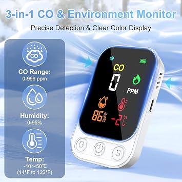 Portable Carbon Monoxide Detectors, 3-in-1 CO Detector – Mini CO, Temp & Humidity Sensor with 85 dB Alarm, Fold-Out Kickstand & Lanyard, Ultra-Low-Power Plug-Free Safety for Home, RV, Camp or Hotel