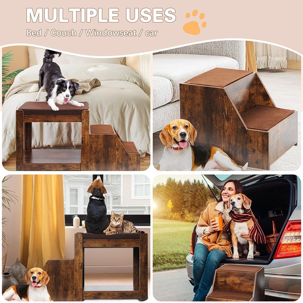 Dog Window Perch with Stairs, Dog Bunk Bed with Removable Step and Soft Pads for Dogs and Cats, Stylish Vintage Pet Furniture (Vintage, 44.5 * 19.7 * 25.6)