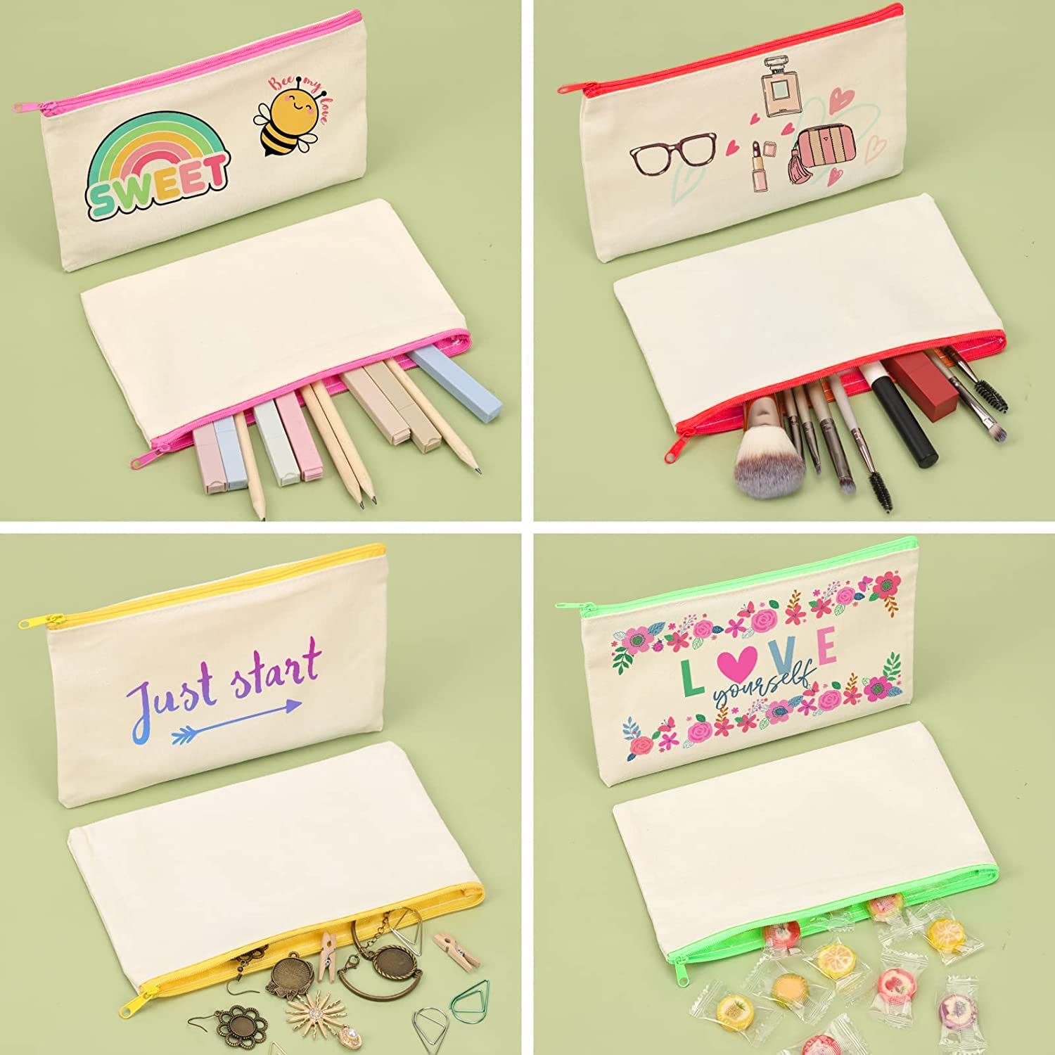 SENENQU Lot de 30 Pochette Tissu Zippée Trousse en Toile Personnalisable Couleur, 12×21CM Trousse en Tissu de Rangement, Pochette Maquillage à Personnaliser, Trousses à Crayons Vierge pour DIY