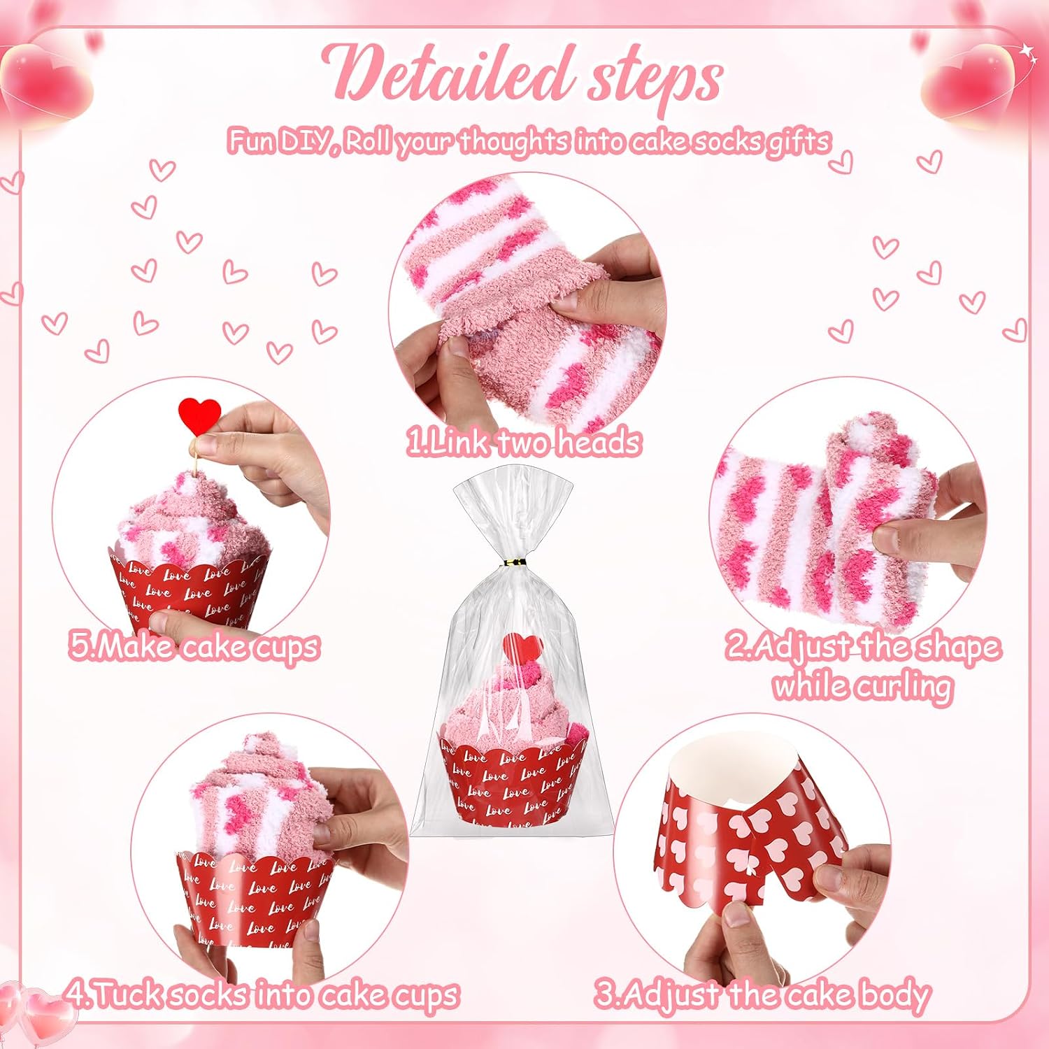 Coume 24 Pairs Valentine's Day Fuzzy Cupcake Socks Bulk for Women Heart Socks Fluffy Cozy DIY Red Pink Galentine's Day Gift
