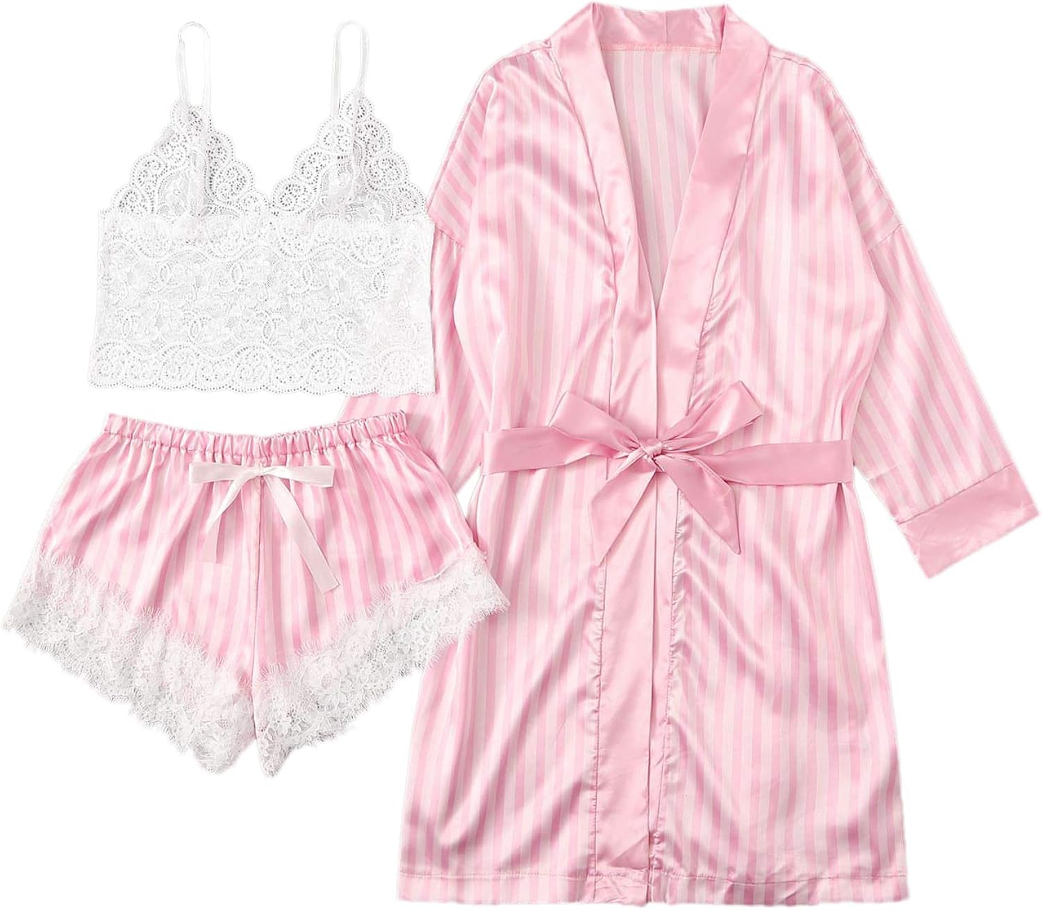 SheIn Women's Sheer Lace Bralette and Striped Shorts Pajama Lingerie Set with Robe