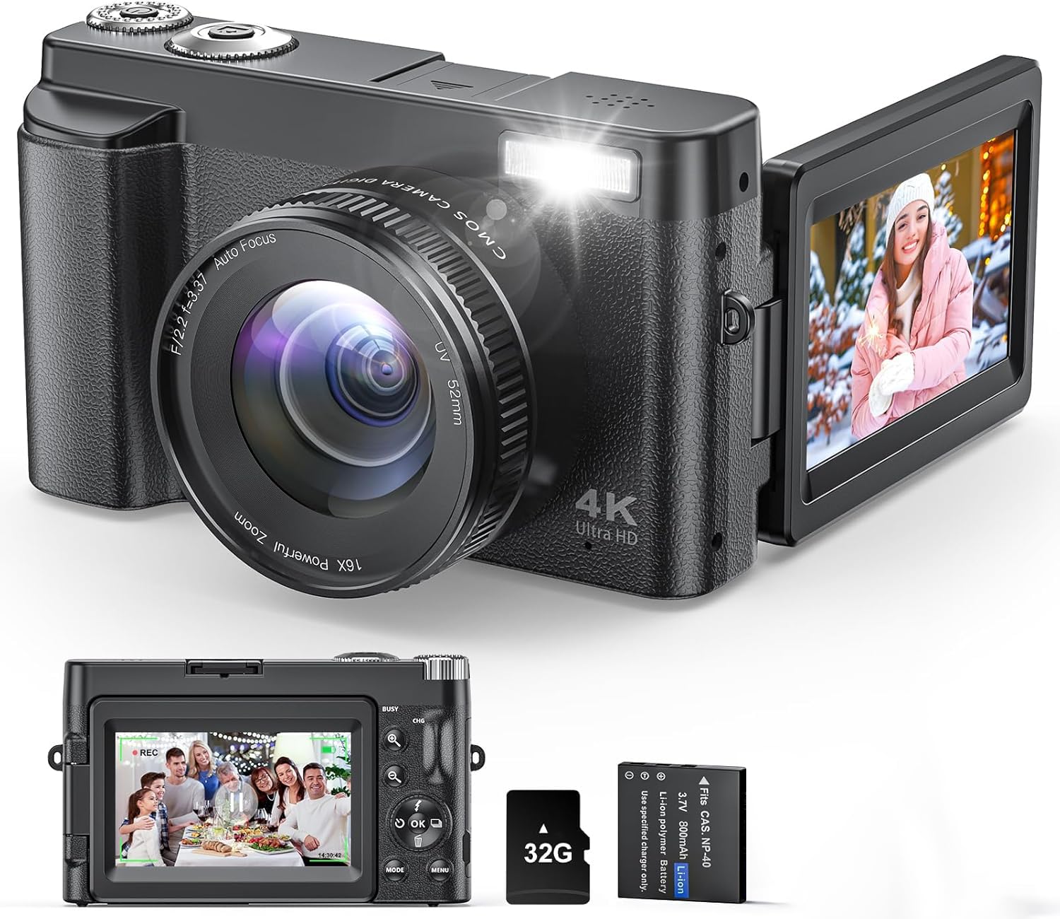 48MP 4K Digital Camera for Photography & Video, Autofocus, Anti-Shake, 16X Zoom, 3" 180° Flip Screen, Vlogging Camera for YouTube with Flash, 32GB Card & Battery Charger - Black