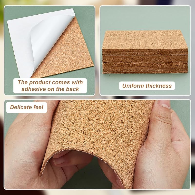 BENECREAT Öntapadós Parafa Tábla Szett 20db - 15x15cm, 2mm Vastag Természetes Parafa Alátét Dekorációhoz, Üzenőtáblához, Barkácsoláshoz
