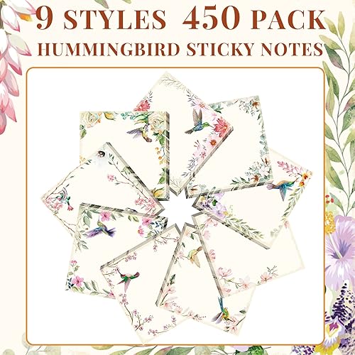 Miniatura 3 de Sabary 450 hojas de notas adhesivas de colibrí de 3 x 3 pulgadas, mini bloc de notas floral de pájaro vintage, regalos para amantes de los