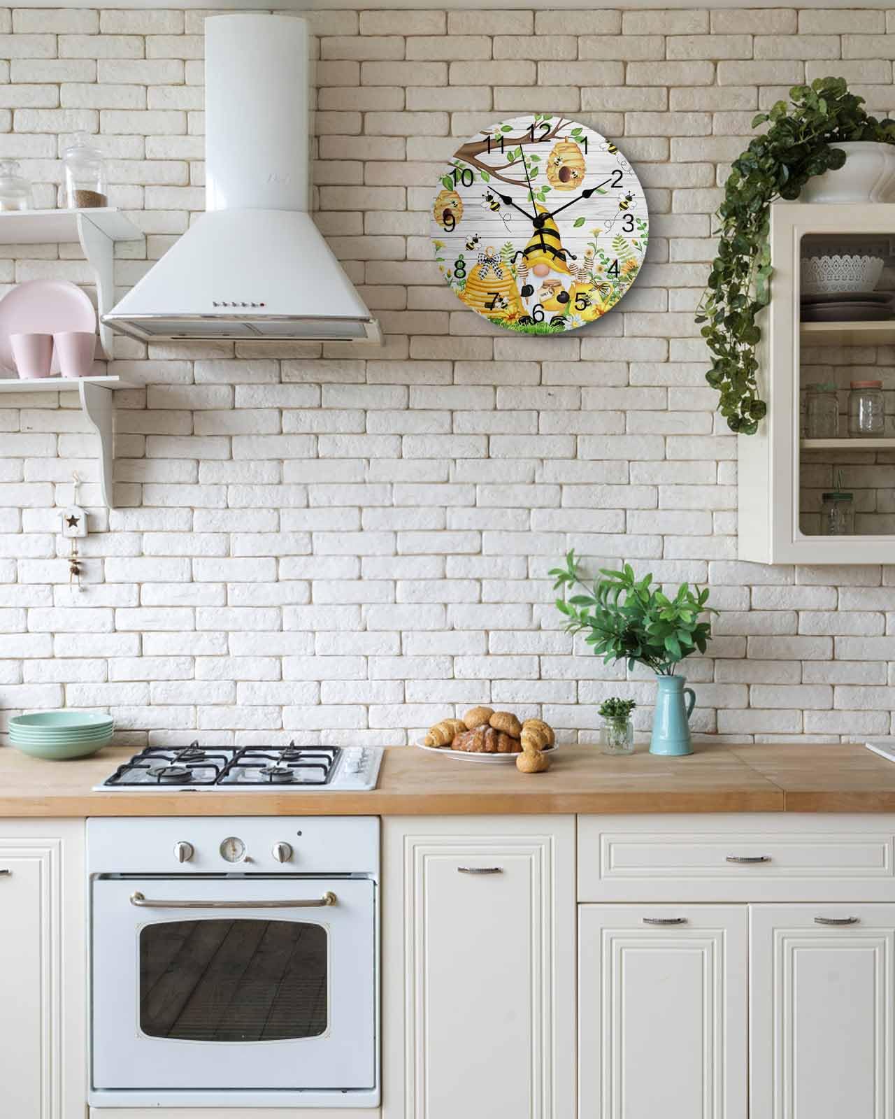 Horloge murale en PVC silencieuse, sans tic-tac, fonctionnant à piles, motif tournesol, marguerite, grain de bois, horloge ronde pour maison, salon, cuisine, chambre à coucher, bureau, école