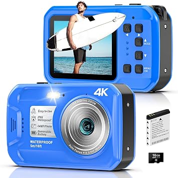 4K Underwater Camera, 64MP 16FT Waterproof Camera, 16GB Card, Blue