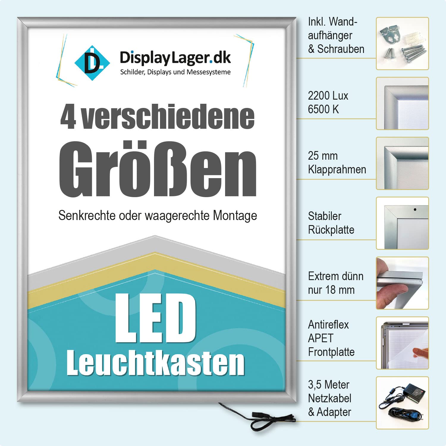 DisplayLager Cadre pour affiche LED DIN A1, argenté, profil en aluminium de 25 mm, avec vitre de protection antireflet