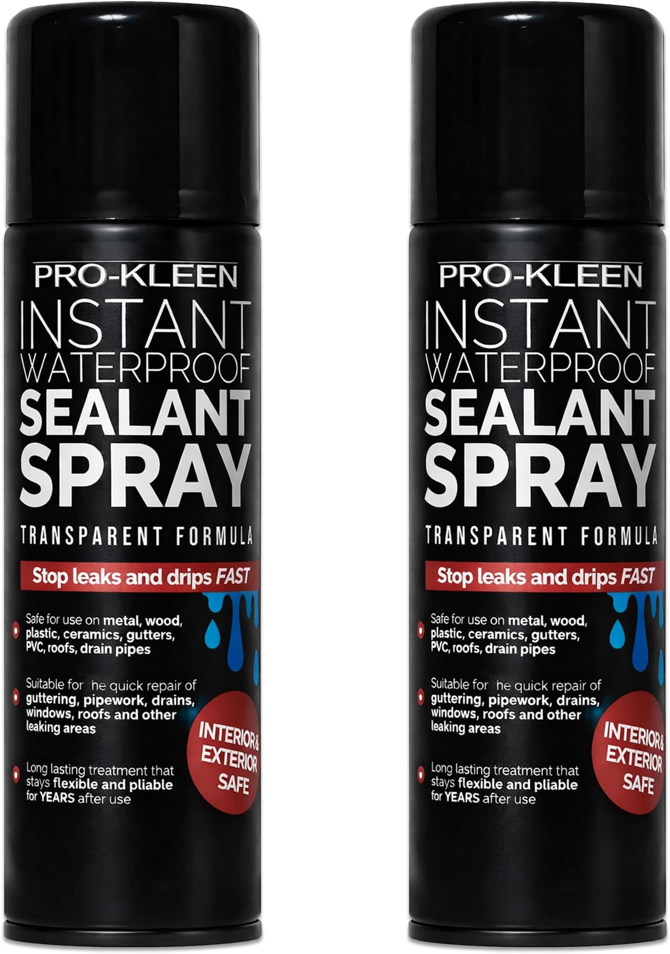 Pro-Kleen Instant Waterproof Sealant Spray - Tough Leak Sealant Spray for Roofs, Pipes, Guttering & More - Transparent & Long-Lasting Formula - Instant Emergency Repair (2 x 400ml)