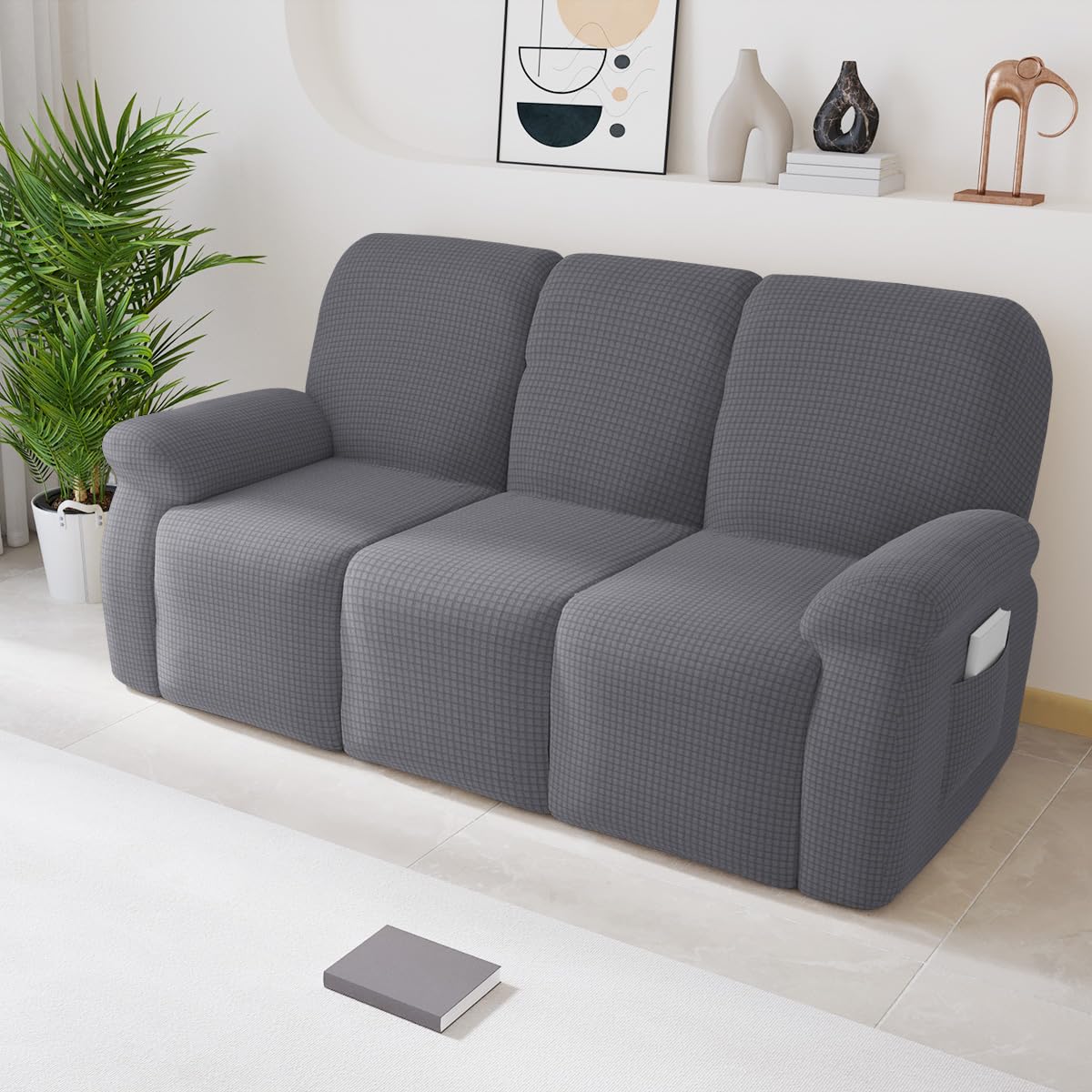 Chickwin Recliner Chair Cover 1/2/3 Seater, Recliner Sofa Covers with Pockets, Jacquard Elastic Recliner Chair Covers for Electric Chair, for Living Room (Three Seat,Grey)