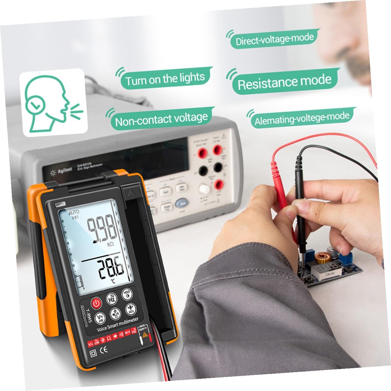 Intelligent Voice Control Digital Multimeter with Backlight Operation High-Definition Display for Voltage Temperature Frequency and Diode Testing
