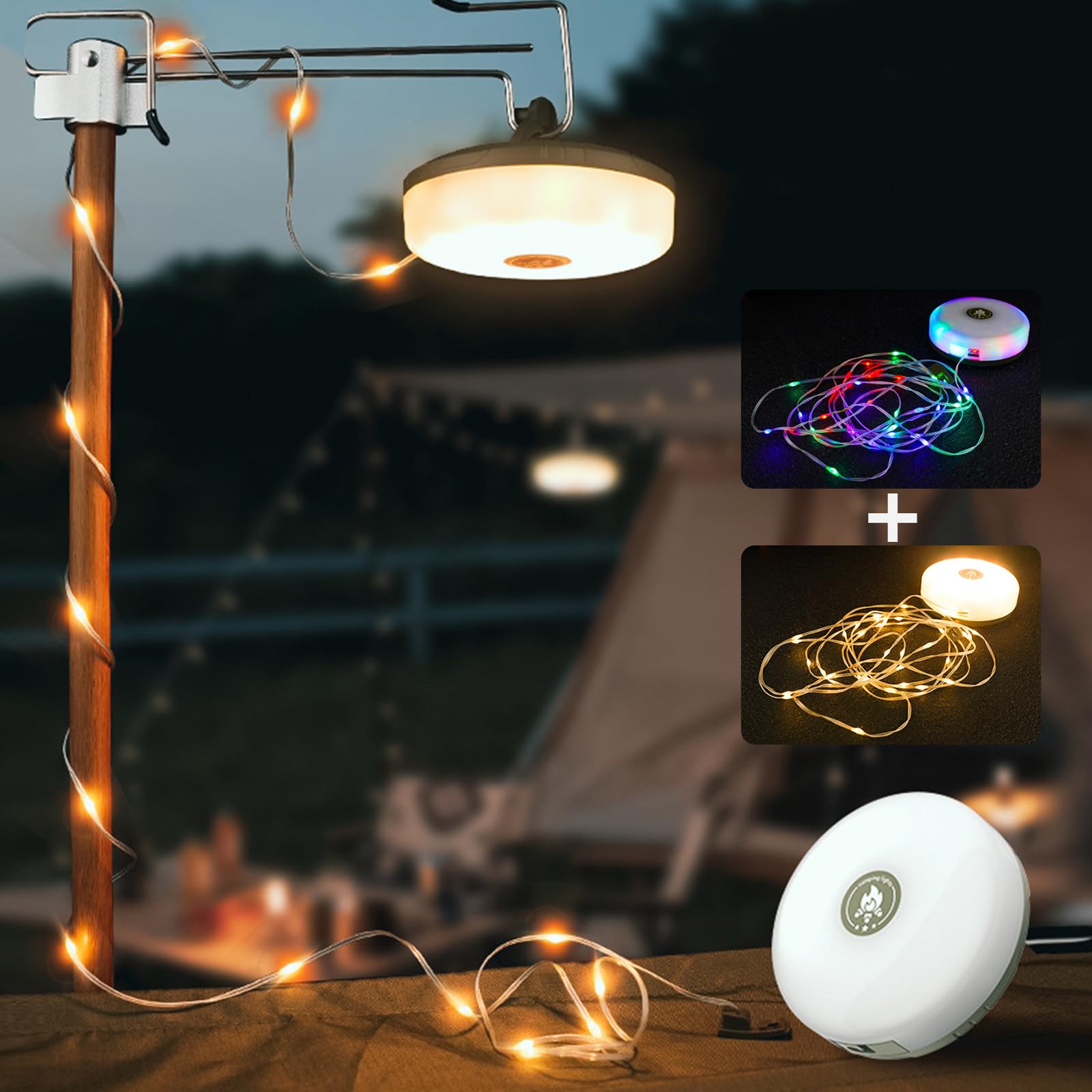 FUFRE Catena luminosa da campeggio, arrotolabile, impermeabile, portatile, 10 m, ricaricabile, con USB, per esterni, campeggio, cortile (10 m, luce calda