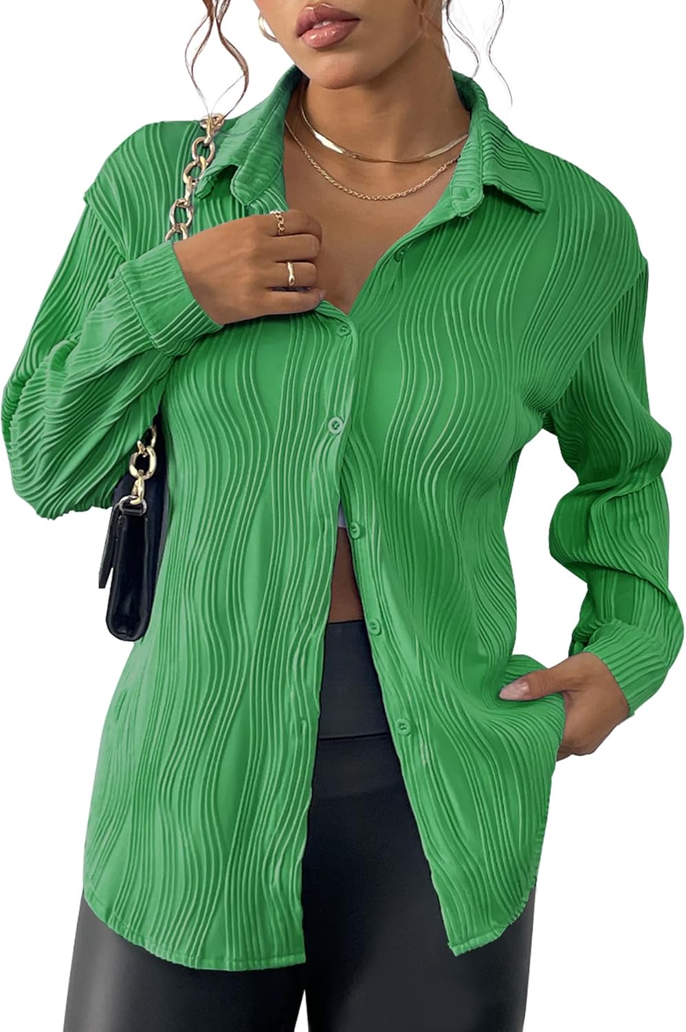 YKR Womens Textured Button Down Shirt Long Sleeve Button Up Shirts Casual Work Office Blouse