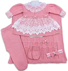 Kit Saída de Maternidade Menina Trico Conjunto Recem Nascido Princesa Rosa Chique