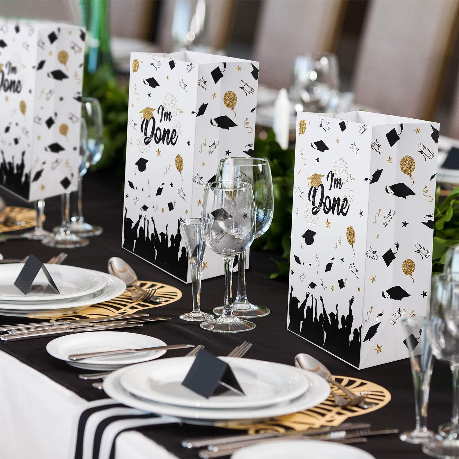 Exclusive Discount 70% Price 28 Pieces Paper Graduation Gift Bags, Black Gold I'm Done Print Candy Favor Bags Goodie Popcorn Treat Bags Graduates Celebration Gift Wrapping Bags for Graduation Day Grad Party Supplies