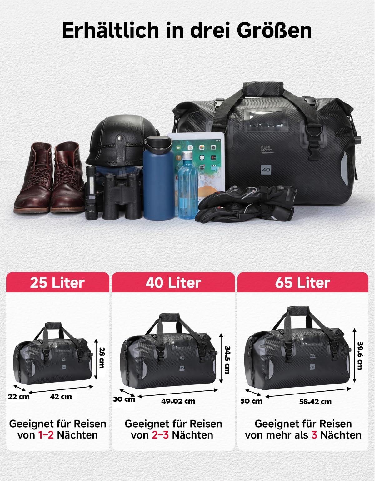 KEMIMOTO Motorrad Hecktasche 40L IPX6 wasserdichte Gepäckrolle mit Schnellverschlussgurten