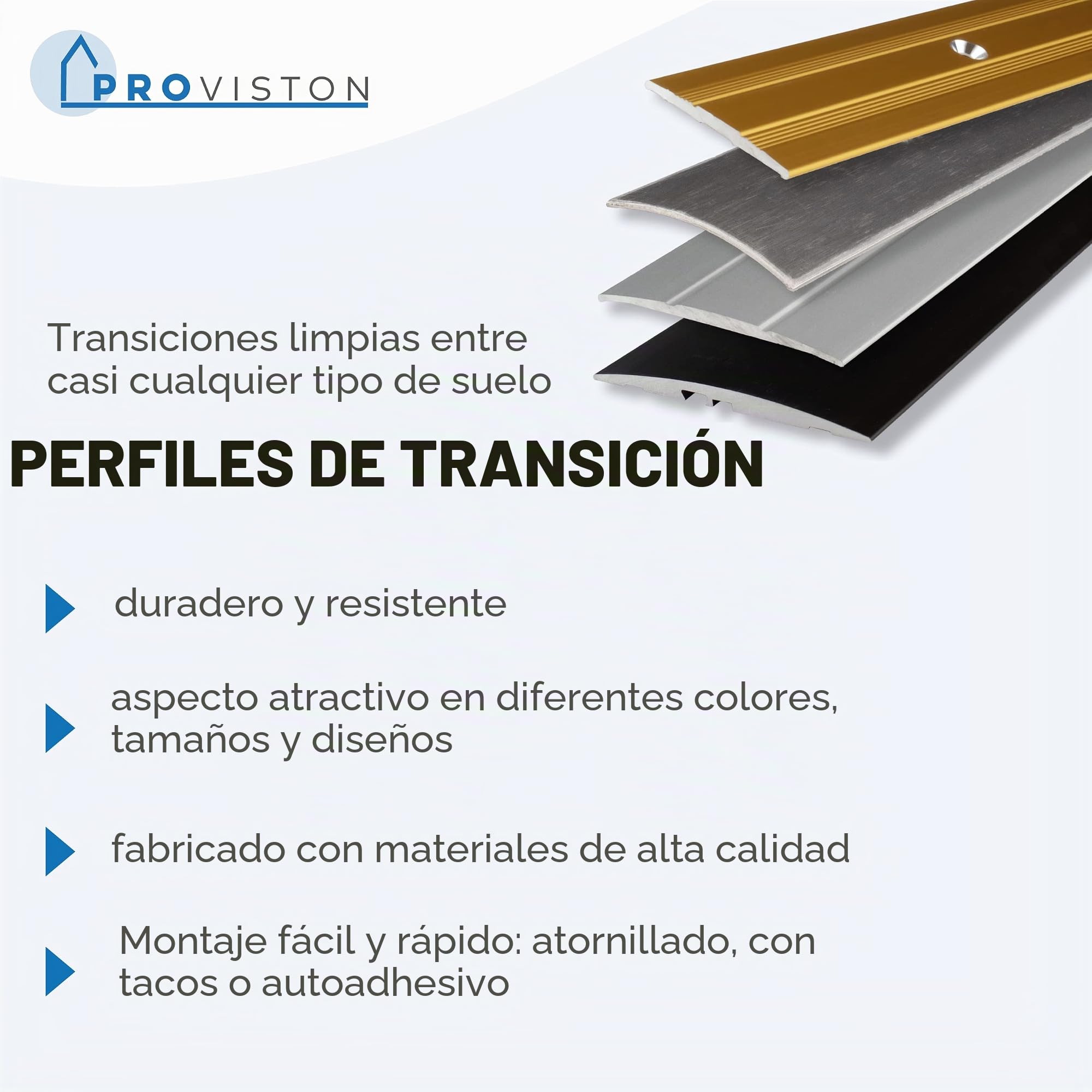 PROVISTON | Perfil de transición | Aluminio anodizado | Plata | Ancho 80 mm | Altura 3.5 mm | Longitud 1000 mm | Autoadhesivo | Rail de transición | Barra de transición