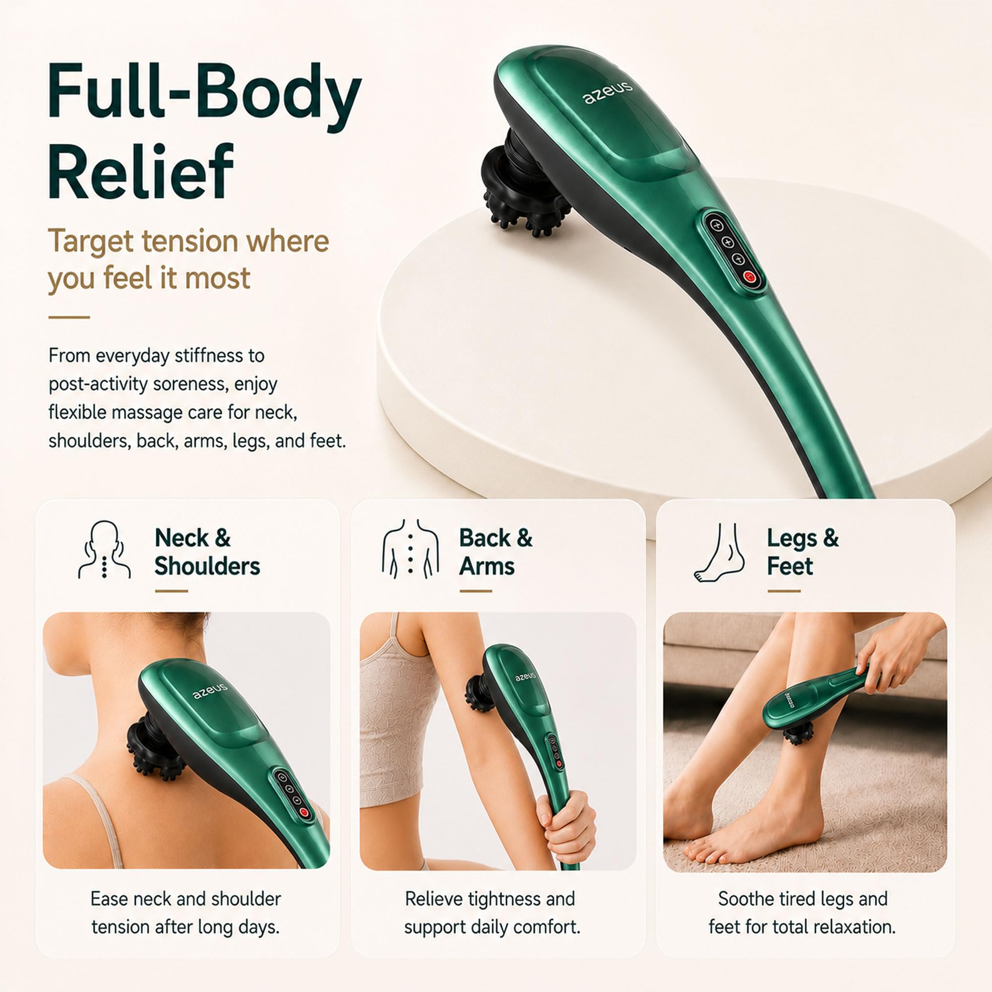 MEGAWISE Massaggiatore manuale per la schiena, il collo, le spalle, la vita e le gambe (cordless, verde scuro)