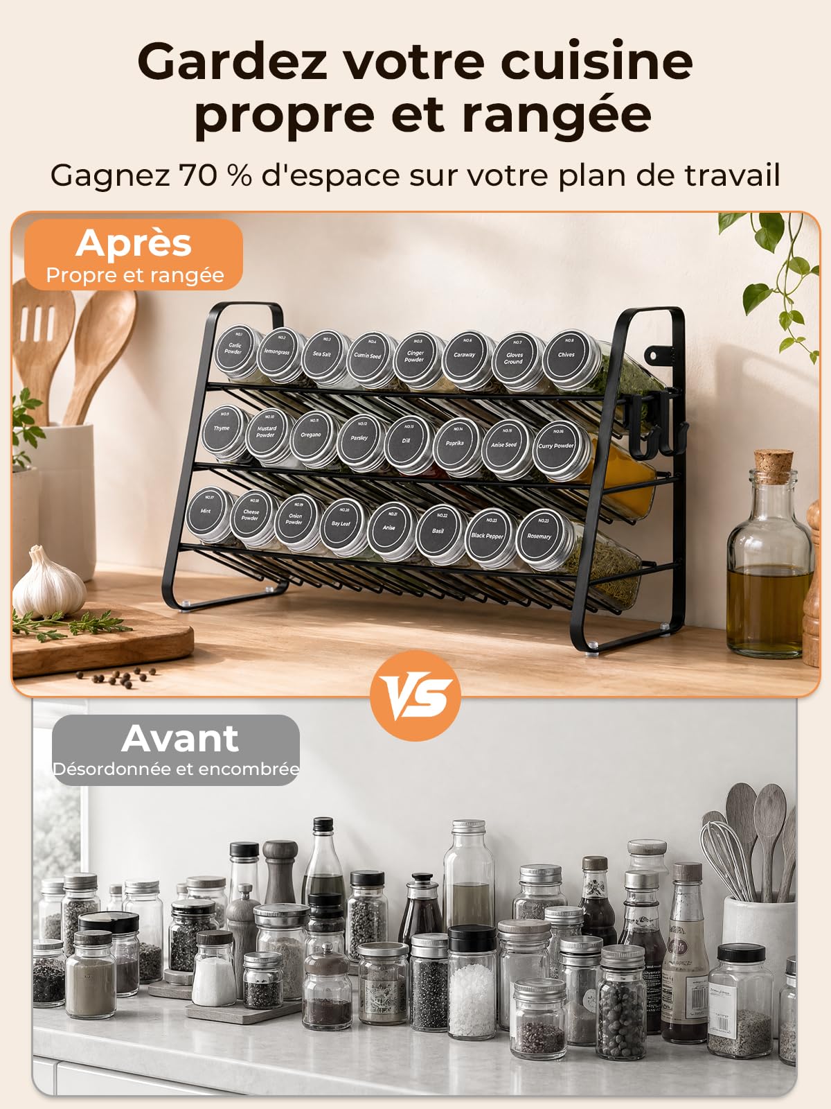 FOHERE Rangement Epices Cuisine à 3 Niveaux avec 24 Bocaux en Verre