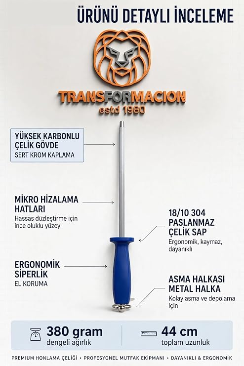 Transformacion 44 cm Profesyonel Bıçak Bileme Masadı Oval Kasap Şef Honlama Çeliği 304 Paslanmaz Çelik Saplı Bileyici 723678