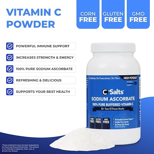 Miniatura 6 de C-Salts Polvo de vitamina C de ascorbato de sodio puro, bebida en polvo tamponada no ácida sin azúcar para hidratación y apoyo inmunológico,