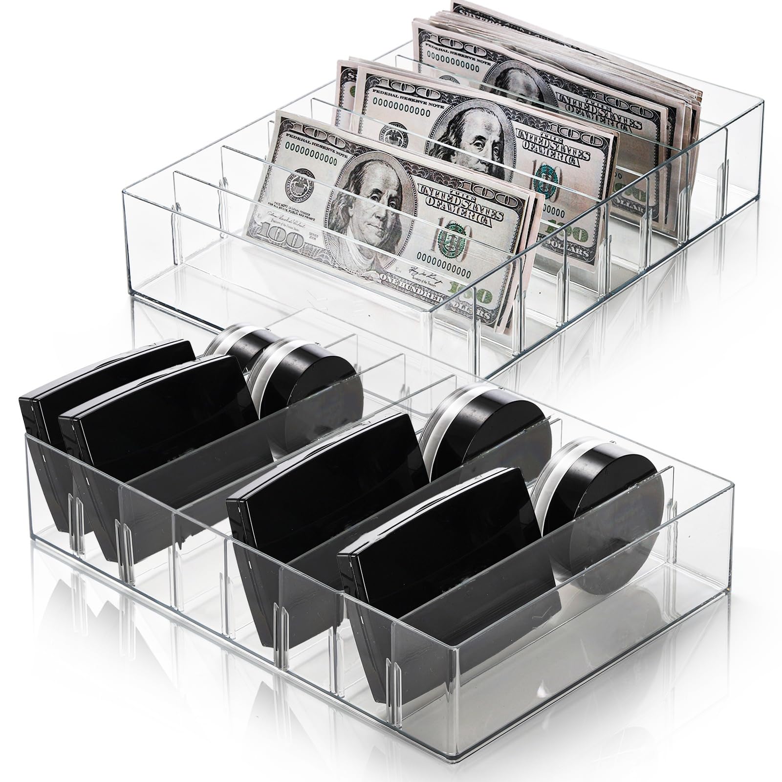 Covzoe 2 Pack Plastic Cash Organizer, 8 Section Eyeshadow Palette Makeup Organizer with Removable Devider, Clear Money Bill Budget Tray Cosmetic