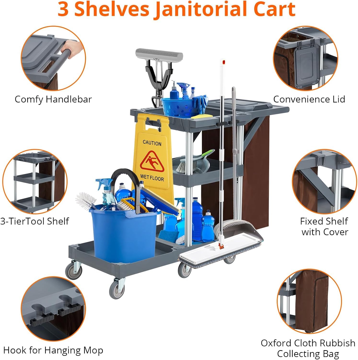 Carrello Pulizie Professionale,Carrello Per Pulizie Commerciali Di Hotel e Ospedali Con Armadietti Ripiani,Carrelli Multiuso Per Pulizia Con 6 Ruote e Sacco in Vinile Per Ufficio, Hotel, Capacità 300