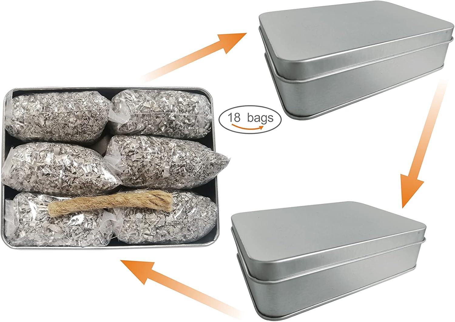 18 Bags Magnesium Fire Starter with Thick Wax Infused Jute Rope, 3 Metal Tins for Camping & Hiking (18 Bags + 1 x Wax Rope Tin Can)
