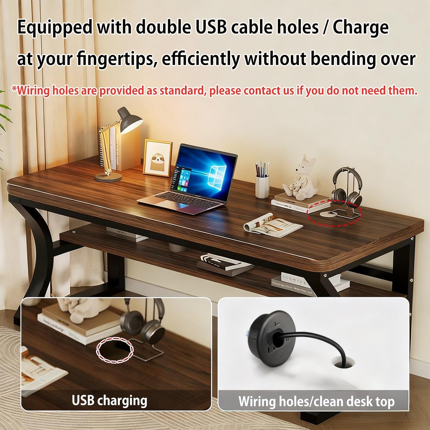 Computer Desk Gaming Desk 3cm Thick Desktop, 300kg Load Bearing, Double-Layer Storage with Rounded Corners, Home Office Desk for Study, Living Room, Bedroom(Walnut+Black Frame,100cm)