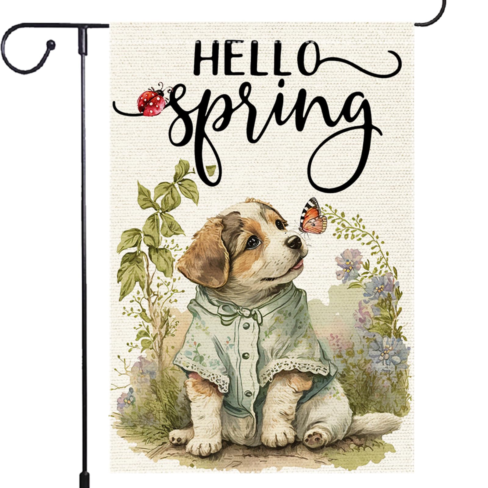 Hello Spring Summer Garden Flag Butterfly Dog Garden Flags 12x18 Inch Double Sided Burlap Seasonal Wildflowers Outdoor Yard Lawn Rustic Farmhouse Flags Decor