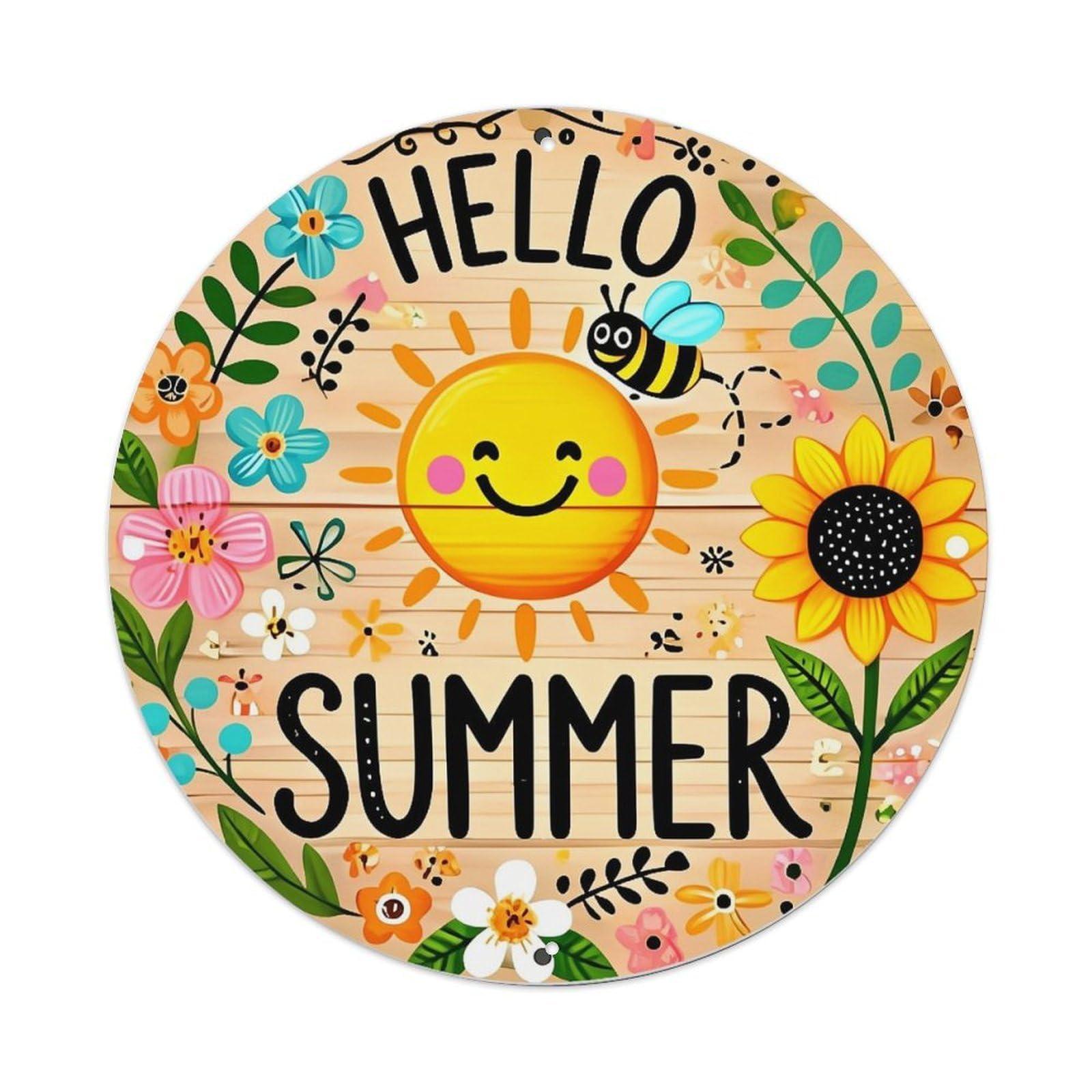 Hello Summer Sun Bee Flowers Retro Metal Sign Round Tin Sign, Vintage Decor Art Poster for Bar, Home, Man Cave, Kitchen, Laundry Room Gift 8x8Inch