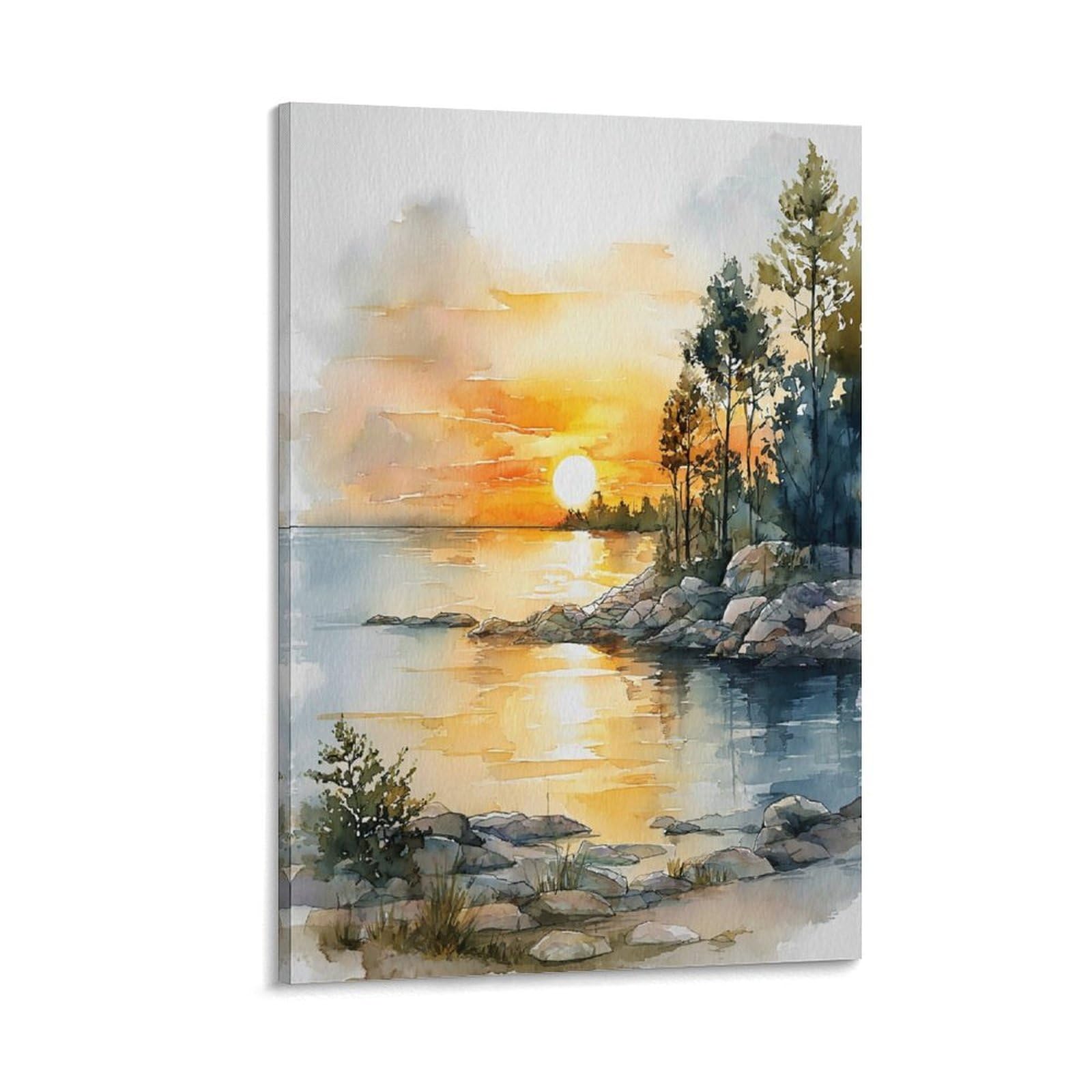 XWYMXZ Lake Erie Sunset Watercolor Painting Poster Tree 24x36inch(60x90cm) Vintage Watercolor Canvas Art