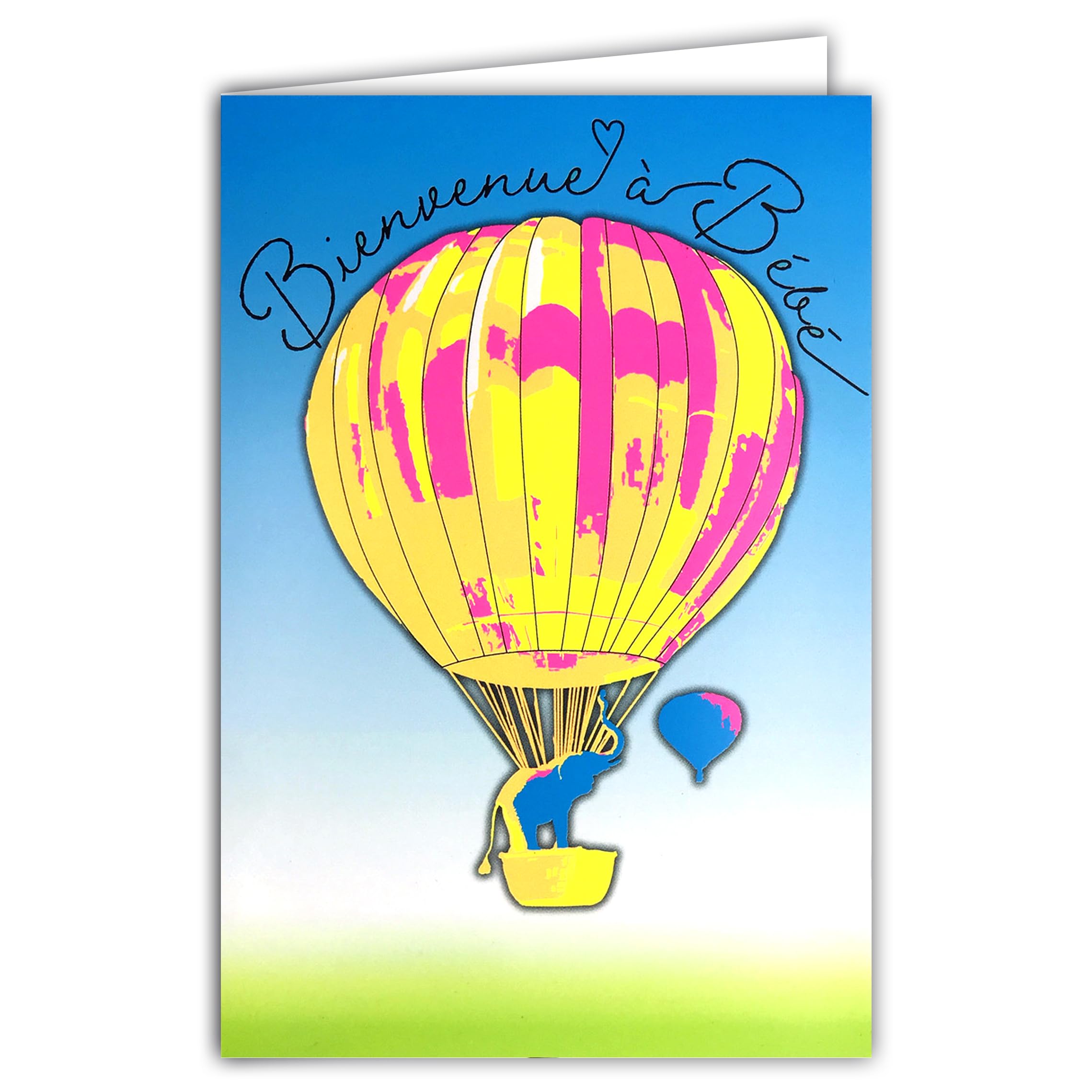 69-8135 Congratulations Welcome to Baby Boy Girl Balloon Elephant Balloon Card with Envelope 12 x 17.5 cm White Interior for Writing - Real Neon Inks - Created and Made in France
