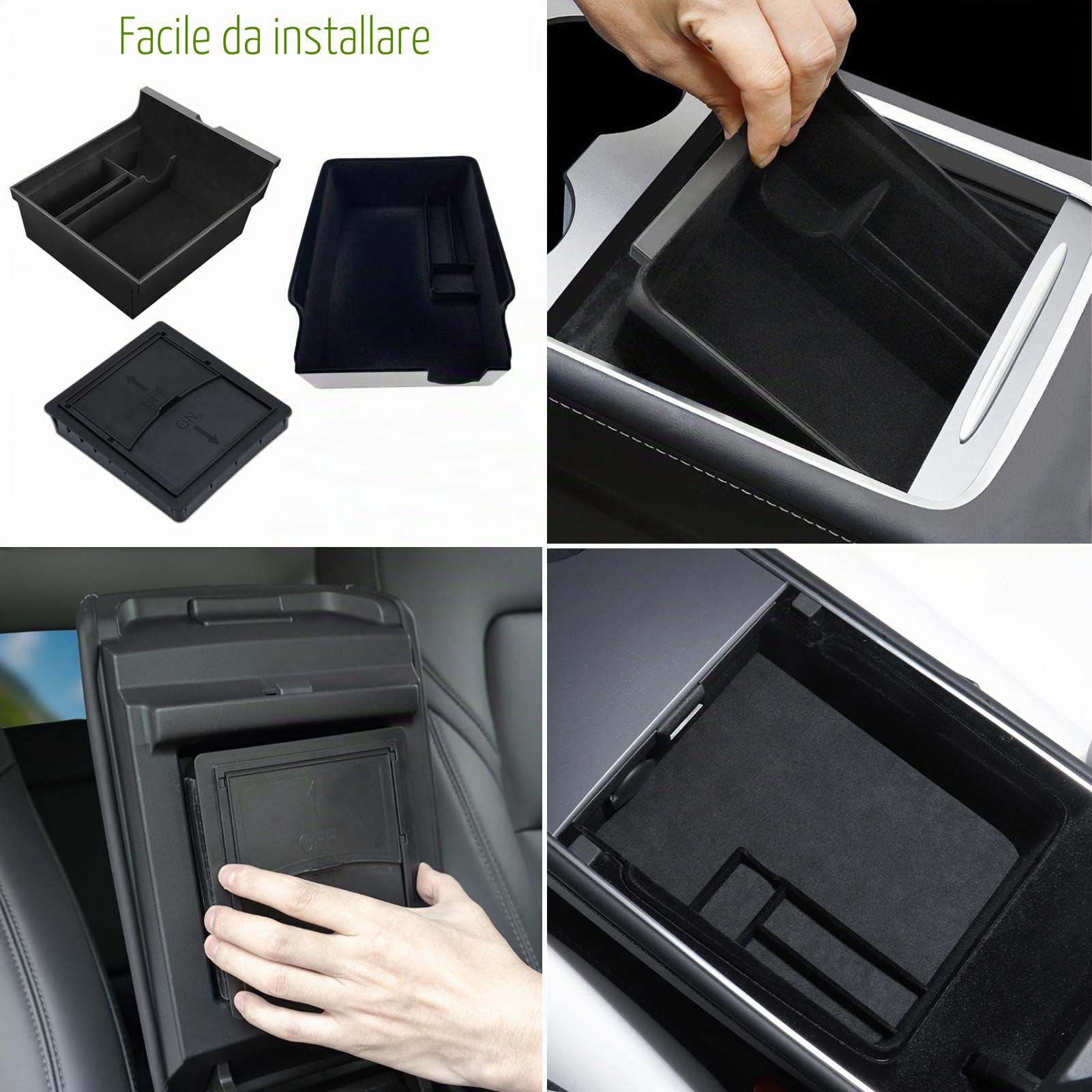 [3 pezzi]Vassoio Organizer Console Centrale Scatola di Immagazzinaggio Floccata per Accessori Tesla Model 3 Y 2023 2022 2021, Bracciolo Cassetto Cubby Nascosto per Contanti, Vetro, Monete, Telefono